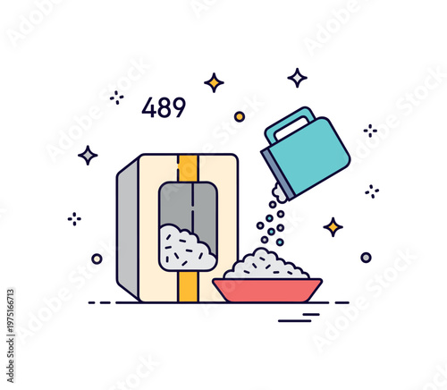 Fresh litter replacement scene featuring a box, pouring clean litter, and subtle star accents suggesting renewal, cleanliness, and comfort. Minimalist flat