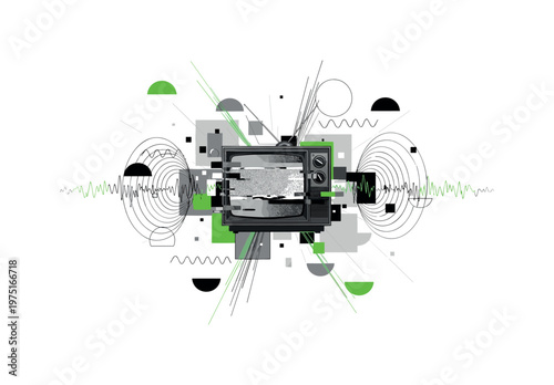 old television floating in space with glitch static, monochrome TV paired with fragmented geometric blocks and wave distortions, semicircles and thin lines