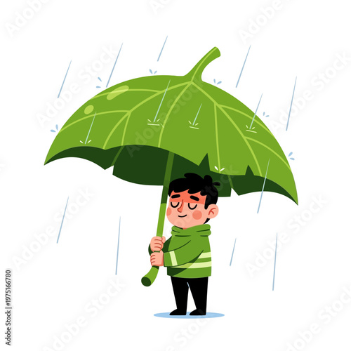 Boy Holding Green Leaf Umbrella.