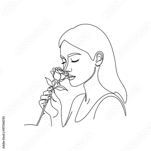 Floral Scent. Minimalistic one-line drawing a woman gently smelling a rose with eyes closed, continuous single black line on white background, simple outline