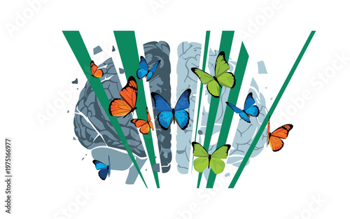 fragmented brain with butterflies flying through gaps, green geometric shapes and sharp lines slicing through composition, flat colors and strong contrast,