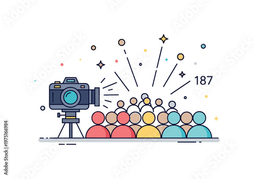 Live event photographer concept showing a camera pointed at a stage with minimal crowd shapes and light beams conveying performance, focus, and atmosphere.