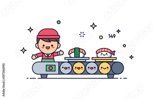 Playful little sushi belt cute tiny sushi conveyor with happy-faced sushi plates and subtle decorative sparkles around for a whimsical scene. Minimalist flat