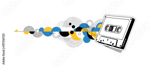cassette tape audio waves with abstract semicircles circles and graphic blocks, black and white retro cassette tape producing graphic sound wave lines with