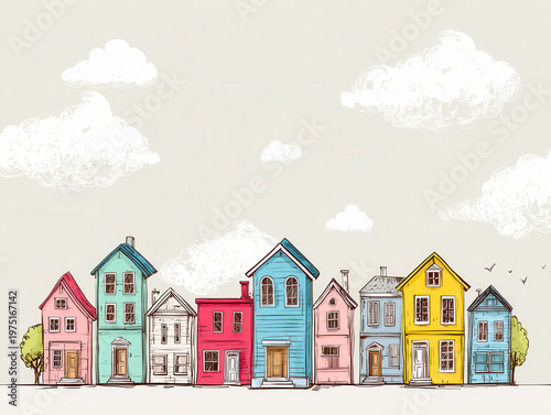 Charming colorful hand-drawn houses lined up under a partly cloudy sky with whimsical clouds and birds creating a cozy neighborhood scene illustration