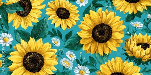 Seamless pattern of bright yellow sunflowers and white daisies with green leaves on a turquoise background
