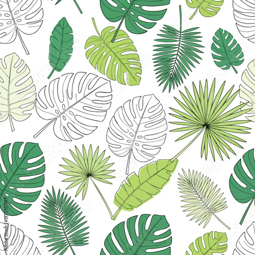 Tropical leaf pattern with monstera and palm varieties in green hues