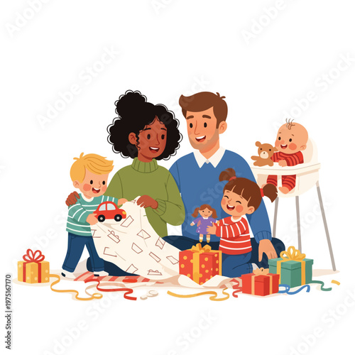 Happy family unboxing gifts on the floor with toys and treats