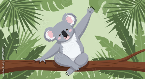 Koala sitting on tree branch.