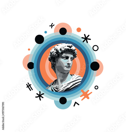 ancient sculpture pastel halo with geometric circles semicircles and symbolic shapes, black and white classical statue surrounded by pastel sky halo circle
