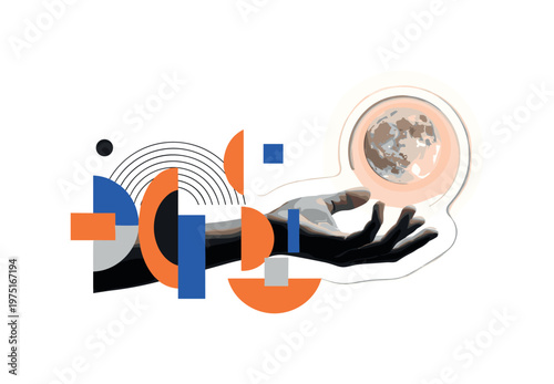 hand catching moon concept with geometric circles semicircles and abstract blocks, black and white human hand reaching to catch glowing moon with white cut-out