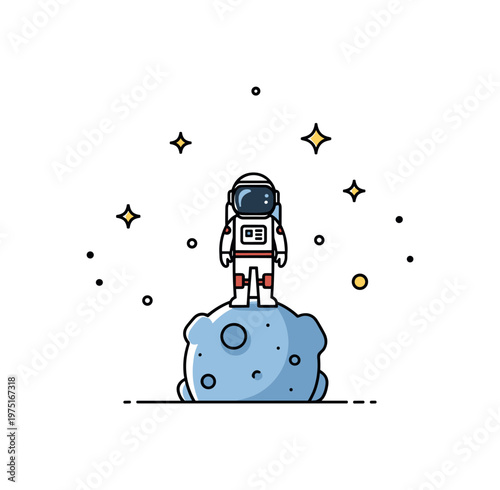 Mini space landing a small astronaut standing firmly on an asteroid with simple star accents and clean spacing. A calm and balanced illustration of arrival and