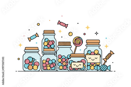 Playful candy set a compact group of jars with colorful candies and soft sparkles enhancing the cheerful tone. The composition highlights variety and delight,