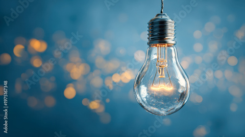 A glowing vintage light bulb suspended against a vibrant blue background with warm bokeh effects creating an inspiring and creative atmosphere