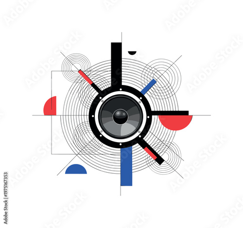 vintage sound waves radiating from retro speaker, black and white speaker cut-out with white outline, concentric circular waves expanding outward