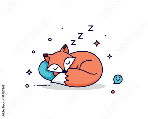 Tiny fox dream a small fox curled up sleeping with gentle sparkles suggesting dreams and comfort. A soft and dreamy illustration of rest and relaxation,