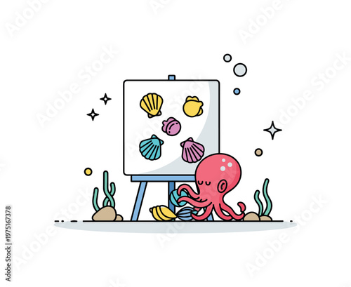 Tiny ocean artist a small octopus arranging colorful shells like a simple artwork with decorative dots enhancing the scene. A creative and expressive