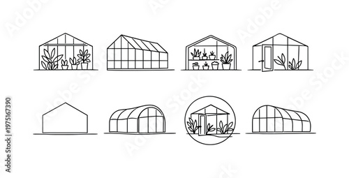 "Botanical Greenhouse Set". Minimalistic set one-line drawing greenhouse with plants inside, greenhouse with