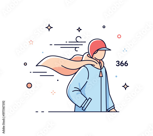 Windy weather fashion showing a person in a light jacket with flowing fabric and subtle motion lines conveying adaptability and protection from wind.