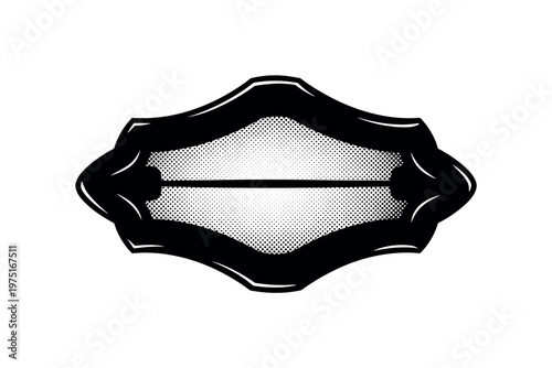 A simple antique brooch silhouette with bold engraved edges and subtle halftone texture, black and white illustration, classic editorial style, high contrast,