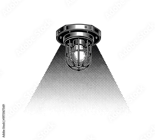 A prison corridor light fixture with harsh downward glow suggested through halftone gradients, black and white illustration, vintage engraving style, strong