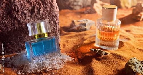 Intense amber perfumes on the desert sand at sunset.
