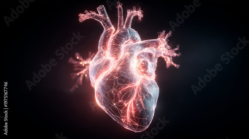 A glowing neon neural network shaped like a human heart floating in a dark dreamlike void, symbolic concept of artificial intelligence with emotion, cinematic soft light, copy spac
