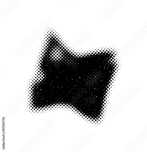 A sharp-edged silhouette fragment with visible film grain and dot pattern shading, black and white halftone illustration, editorial print aesthetic, high