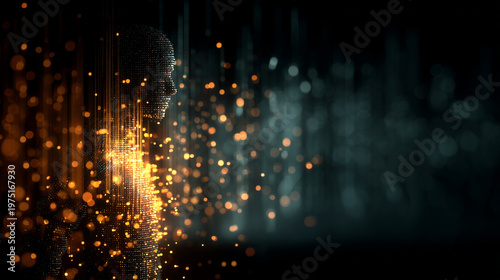 Human silhouette dissolving into a cascade of glowing binary code and light particles, dark background, motion blur, cinematic color grading, emotional and ethereal mood, octane re
