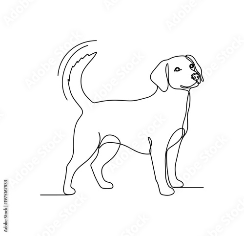 Playful Pup. Minimalistic one-line drawing a dog standing with tail wagging energetically, continuous single black line on white background, simple outline
