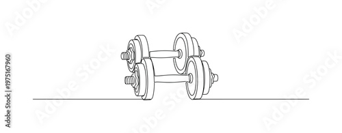 Gym Workout Illustration. Minimalistic one-line drawing dumbbell set with subtle floor line grounding composition, continuous single black line on white