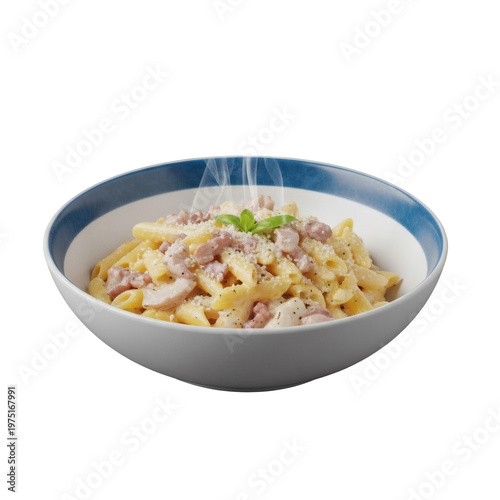Steaming bowl of creamy carbonara pasta on gray background, italian, food, dish, meal