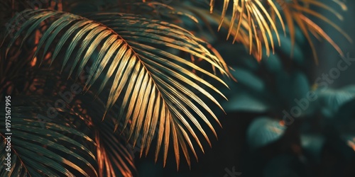 Sunlit tropical palm leaves with golden highlights against a dark blurred jungle background