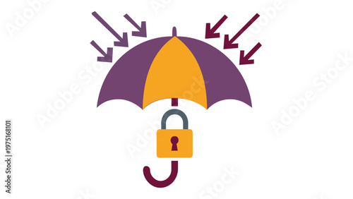 Risk management vector icon illustration featuring a urple and yellow umbrella ith a padlock on the handl and arrows pointing down,symbolizing protection, seurity, and insurance coverge.