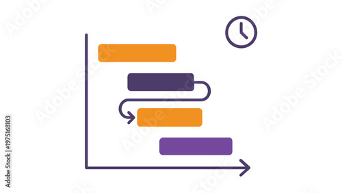 Professional project management Gantt chart vector icn illustration featuring acolorful timeline with tas bars, dependency arrows, nd a clock symbol for scheuling and workflow plannin.