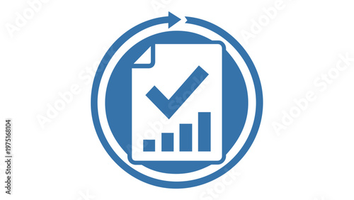 Blue vector icon illustration of a project managementscrum process featuring a ocument with a checkmark ad bar chart inside a circuar arrow, representing agie workflow and task compleion.