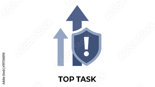 Professional vector icon illustration of upward growt arrows with a protective hield and exclamation mark symbolizing project risk anagement, strategic plannng, and business security.
