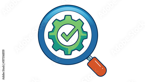 Vibrant vector icon illustration of a magnifying glas focusing on a green gear ith a checkmark, representng quality control, projec management, business optiization, and process analyis.