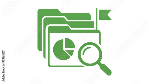 Green vector icon illustration of project management olders with a pie chart, mgnifying glass, and milestne flag, representing dataanalysis, scrum meetings, nd agile workflow organizaion.