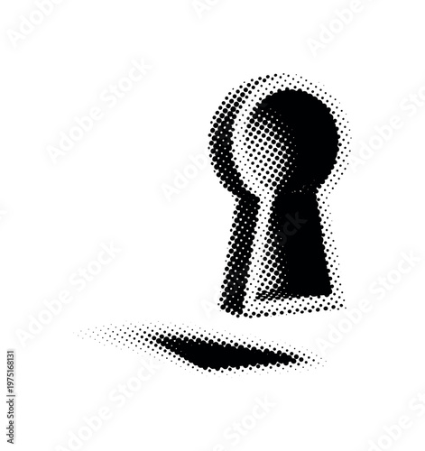 A floating keyhole icon with faint ornamental hints and deep contrast suggesting hidden secrets, isolated in minimal composition, black and white halftone