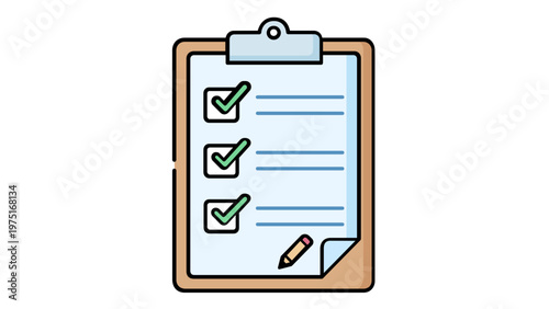 Minimalist flat vector illustration of a clipboard todo list with green checkmaks and a pencil, representng project management, tas completion, organization,and business productivity.