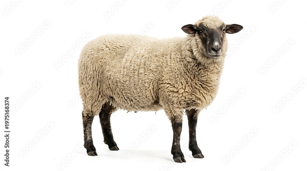 Fototapeta premium Sheep standing facing forward isolated on white background