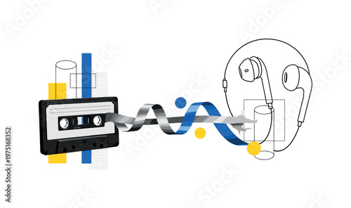cassette tape and earphones forming music listening concept, black and white tape with unraveling ribbon turning into abstract curves and circles, geometric