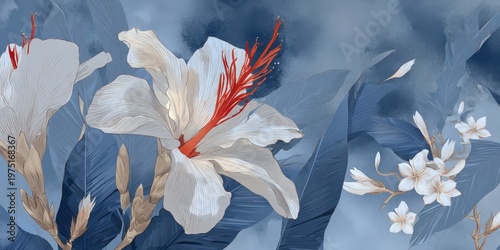 Elegant white tropical flowers with red stamens and blue leaves in a soft watercolor style background