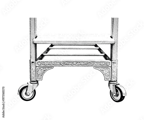 A rolling ladder base with small wheels and engraved detailing, black and white halftone illustration, editorial print aesthetic, high contrast, centered