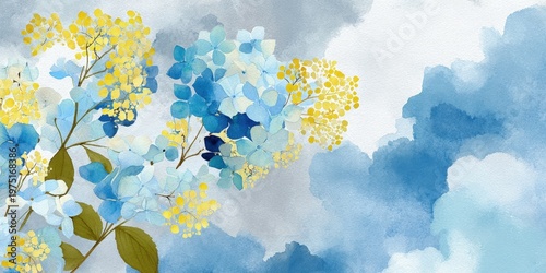 Watercolor blue hydrangea and yellow flowers on a soft cloudy sky background