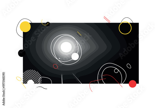 train headlight fog glow with floating circles abstract shapes and lines, black and white distant train headlight emerging through thick night fog with white