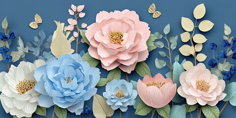Colorful paper cut flowers and butterflies on blue background in decorative floral border