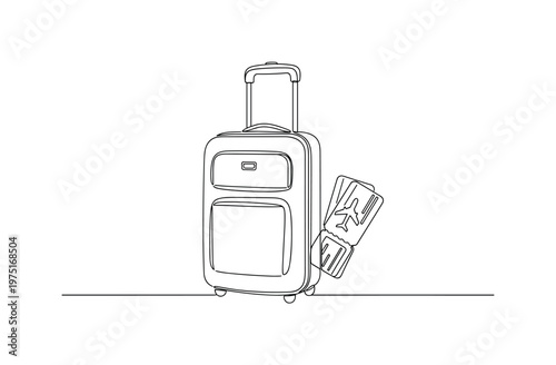 Travel with Suitcase and Tickets. Minimalistic one-line drawing upright suitcase with handle and airline tickets tucked beside it, continuous single black line