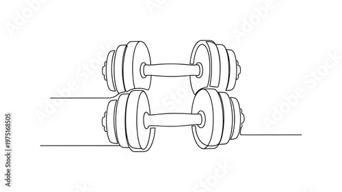 Workout Weights Icon. Minimalistic one-line drawing two dumbbells placed parallel with clean geometric outline, continuous single black line on white